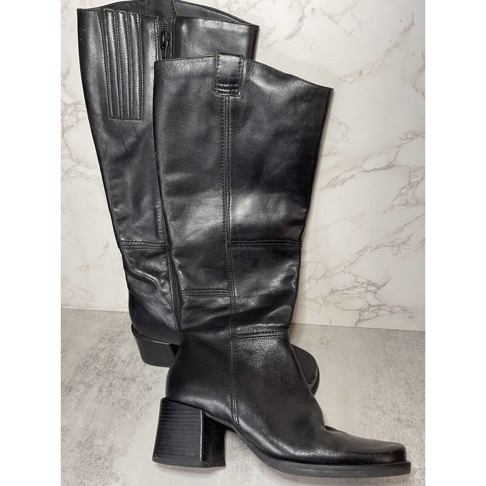 Diba Boots Womens 7M Tall Side Zip Square Toe Fashion Boot Black Leather Heels